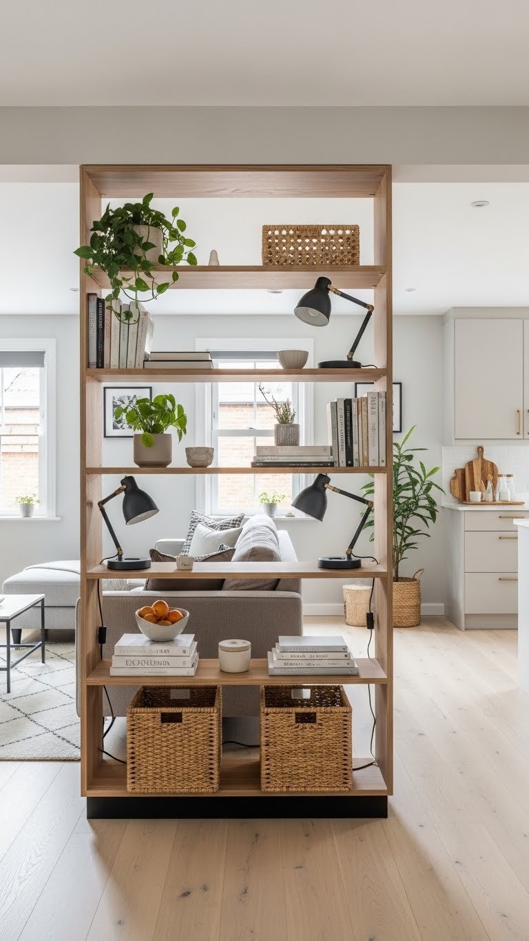 Open Floor Plan Living Room &Amp; Kitchen: Design Ultimate Spaces 11 Open plan room divider. Tall custom shelving unit with books & plants separates kitchen from living. Natural woods.