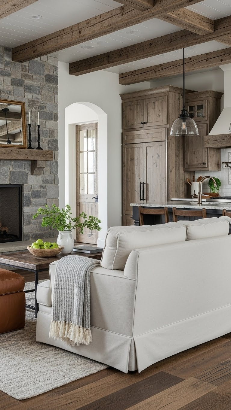 Open-plan rustic interior with reclaimed wood beams, stone fireplace, and distressed wood flooring in warm cream and gray tones