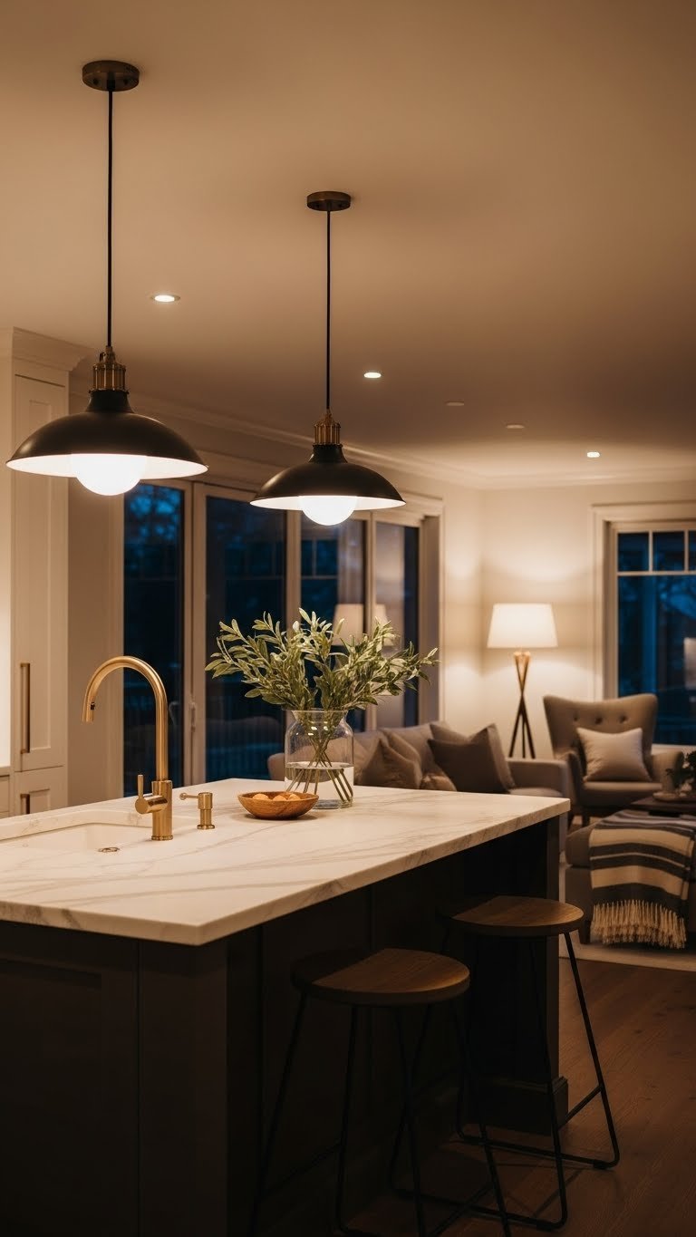 Open Floor Plan Living Room &Amp; Kitchen: Design Ultimate Spaces 5 Open plan with layered lighting. Pendant lights over kitchen island, recessed & floor lamps for living. Warm creams, brass, wood.