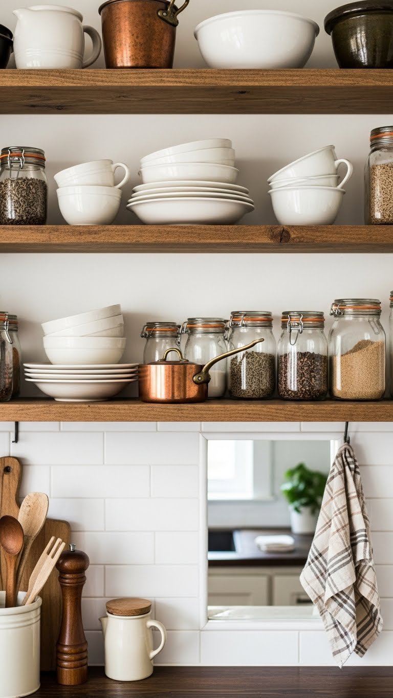Open rustic shelving with ceramic dishes and copper pots organized above a small kitchen counter