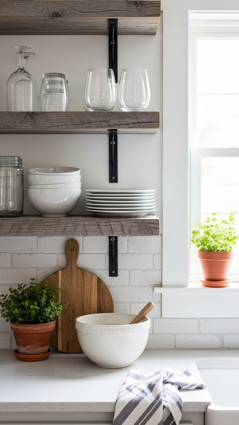 Open shelving concepts in rustic kitchen with distressed wooden floating shelves and farmhouse decor.