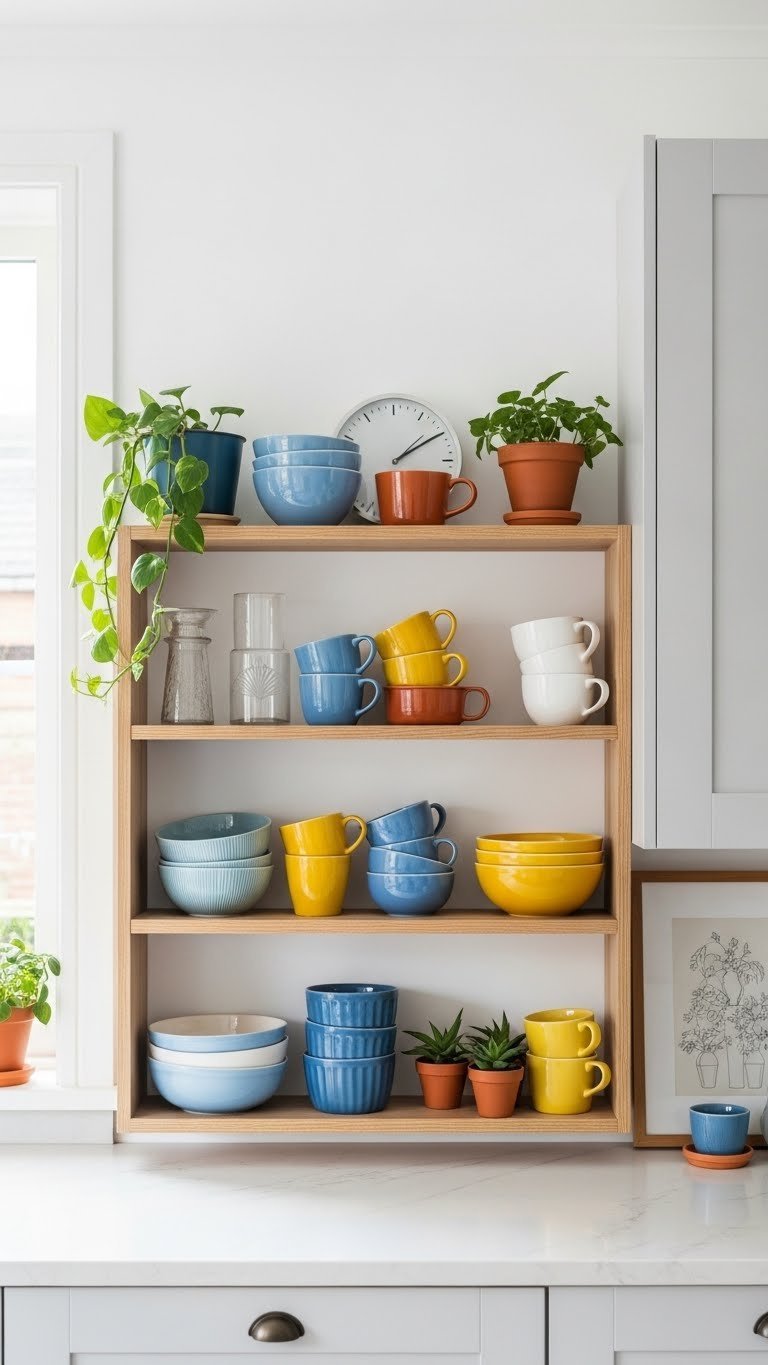 Open shelving in Scandinavian kitchen with colorful ceramic bowls, mugs, and potted plants against white wall.