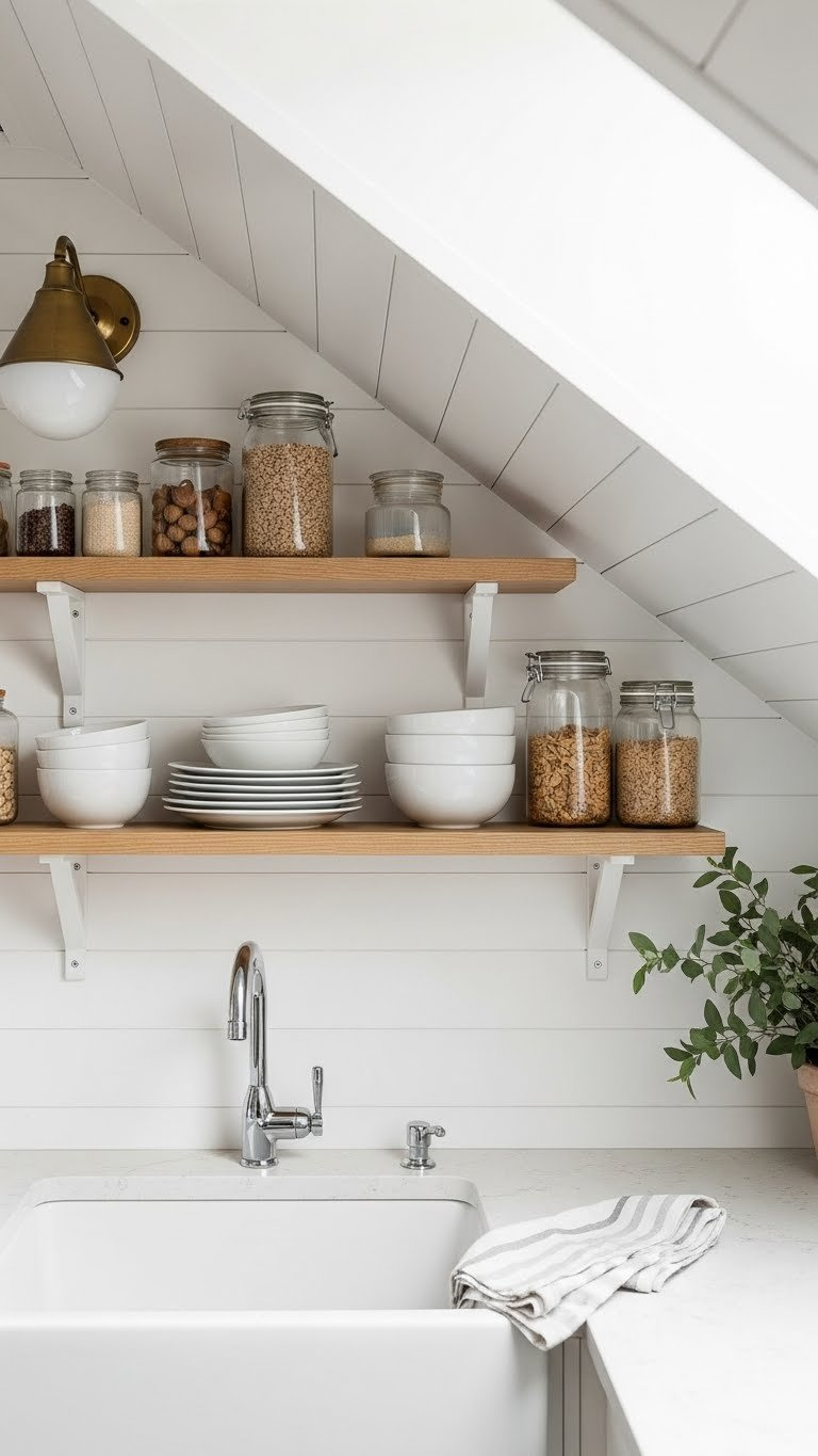Open shelving on sloped wall showcasing neat organization and minimalist aesthetic in airy attic kitchen space