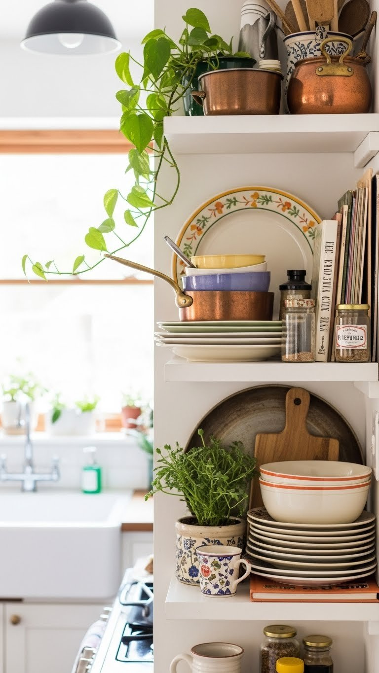 Open shelving styled with colorful dishes, copper cookware, and plants in curated compact kitchen