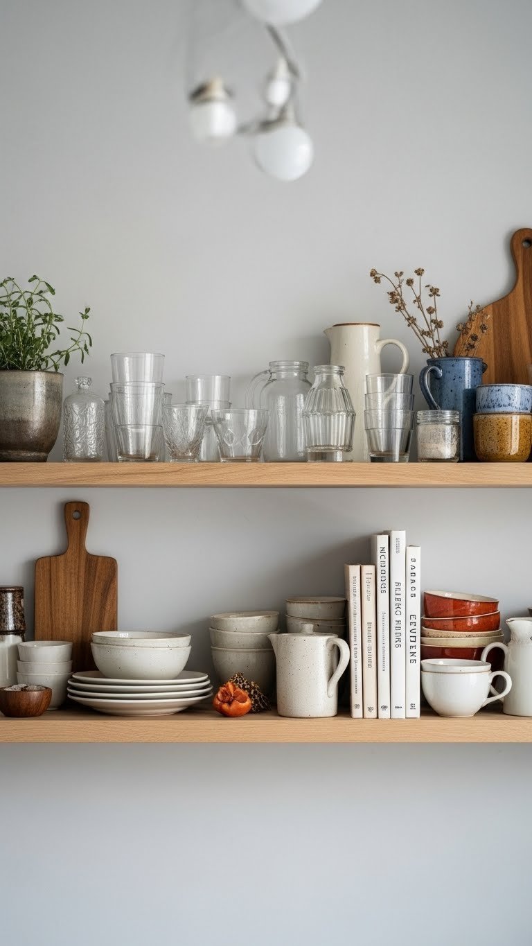 Open wooden shelving displaying handmade artisan ceramics, vintage glassware, and cookbooks in Scandinavian eclectic kitchen with soft lighting