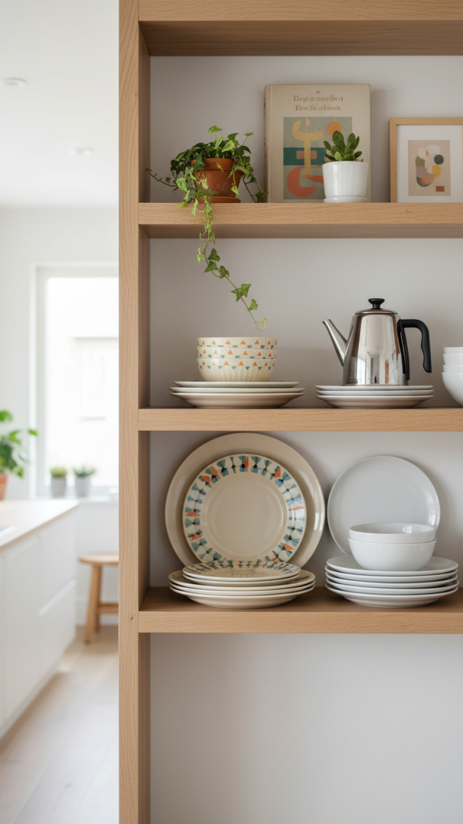 Open wooden shelving displaying retro ceramic dinnerware and green plants in scandi kitchen
