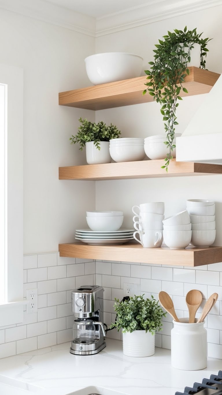 Open wooden shelving in small kitchen displaying white dishes and minimalist pottery for expanded space