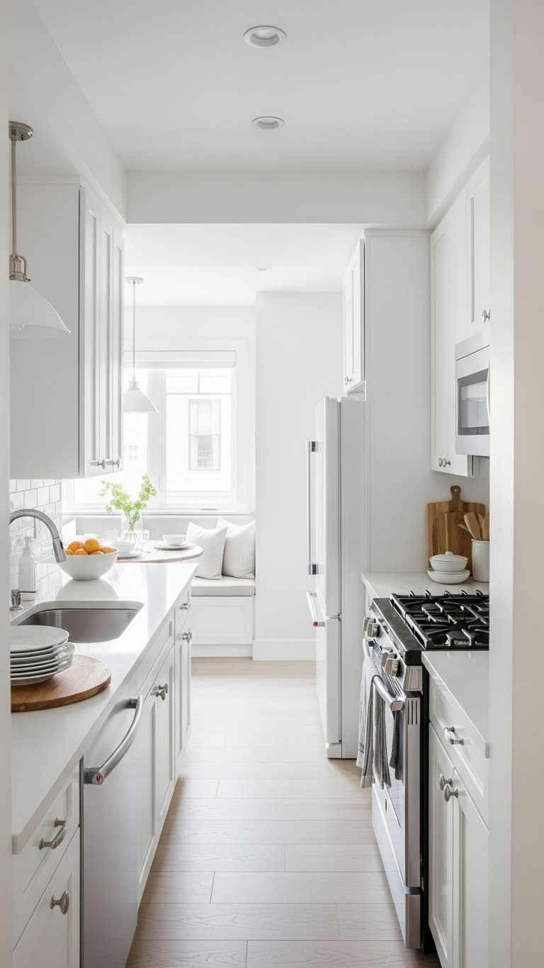 Optimized L-shaped small kitchen layout with efficient work triangle and clean countertops creating spacious flow