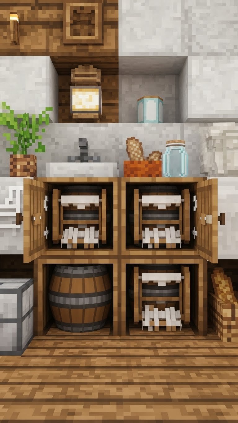 Optimized Minecraft kitchen storage with hidden barrels and looms integrated beneath countertops