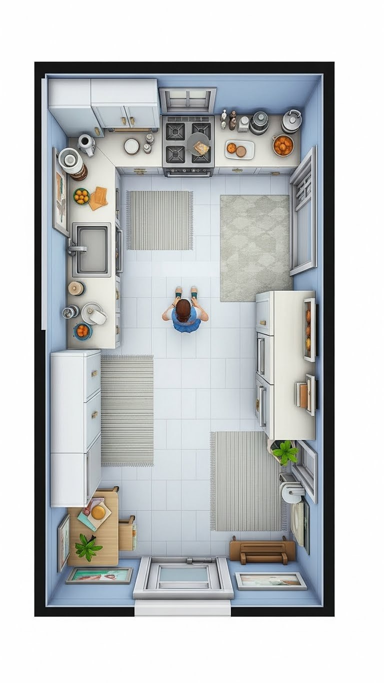 Optimized Sims 4 kitchen layout showing clear pathways, accessible appliances, and efficient routing for happy Sims