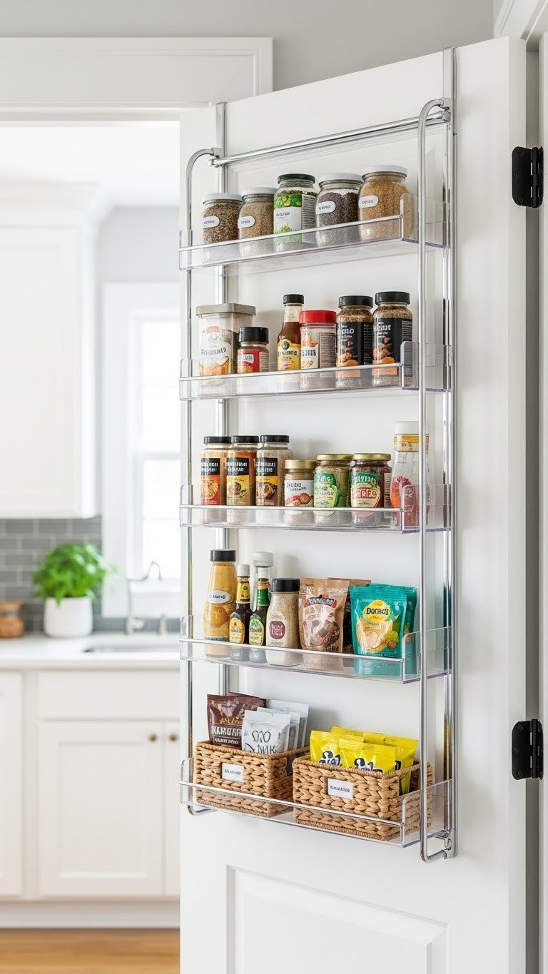 11 Pantry Closet Ideas: Transform Small Spaces, Organize Smarter 7 Optimized pantry door storage: acrylic shelves, chrome spice racks, and baskets with spices for efficient kitchen organization.