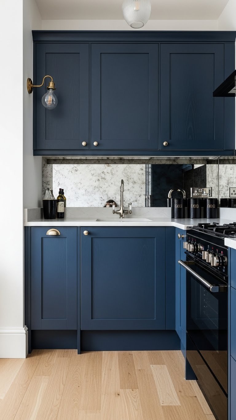 Dark Romantic Kitchen Aesthetic: 7 Design Secrets For A Cozy Home 13 Optimized small dark galley kitchen. Sapphire blue cabinetry, mirror backsplash creates depth. Antique lighting, dark canisters, light floor.