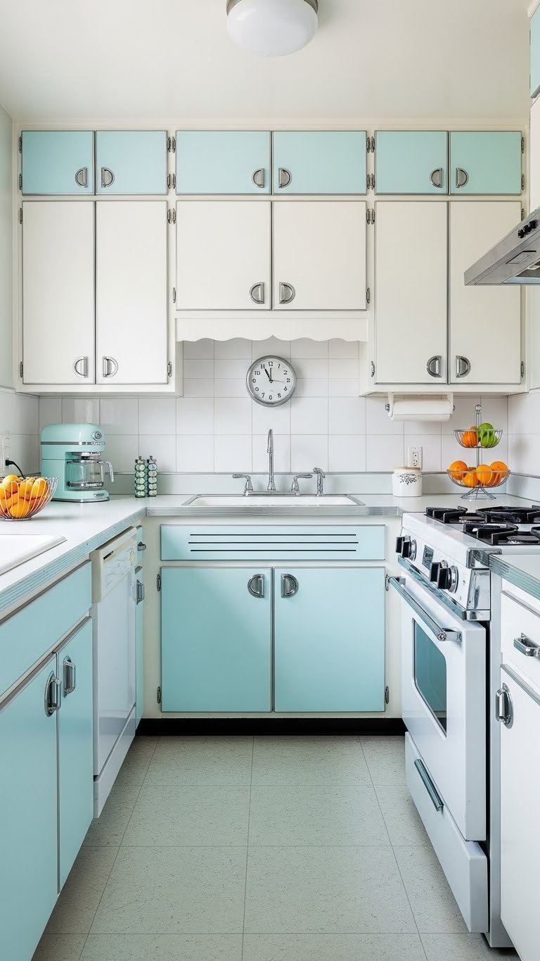 Optimized small galley kitchen layout with streamlined countertops and 1950s retro aesthetic design