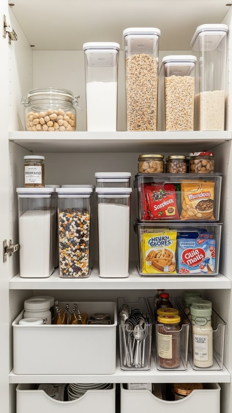 Optimized small pantry shelf with clear stackable containers and dividers showcasing impeccable organization system.