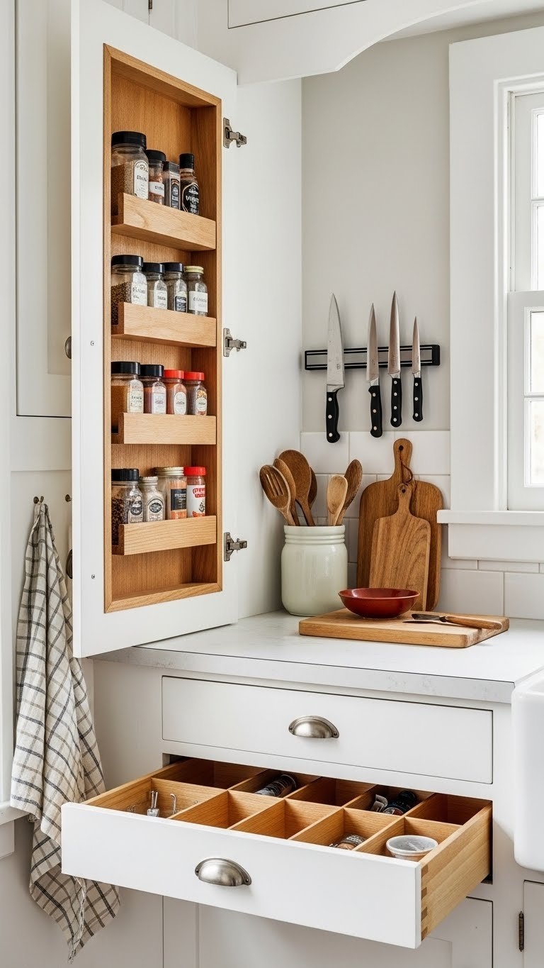 Optimized storage in small vintage kitchen featuring spice racks, magnetic knife strip and organized drawers