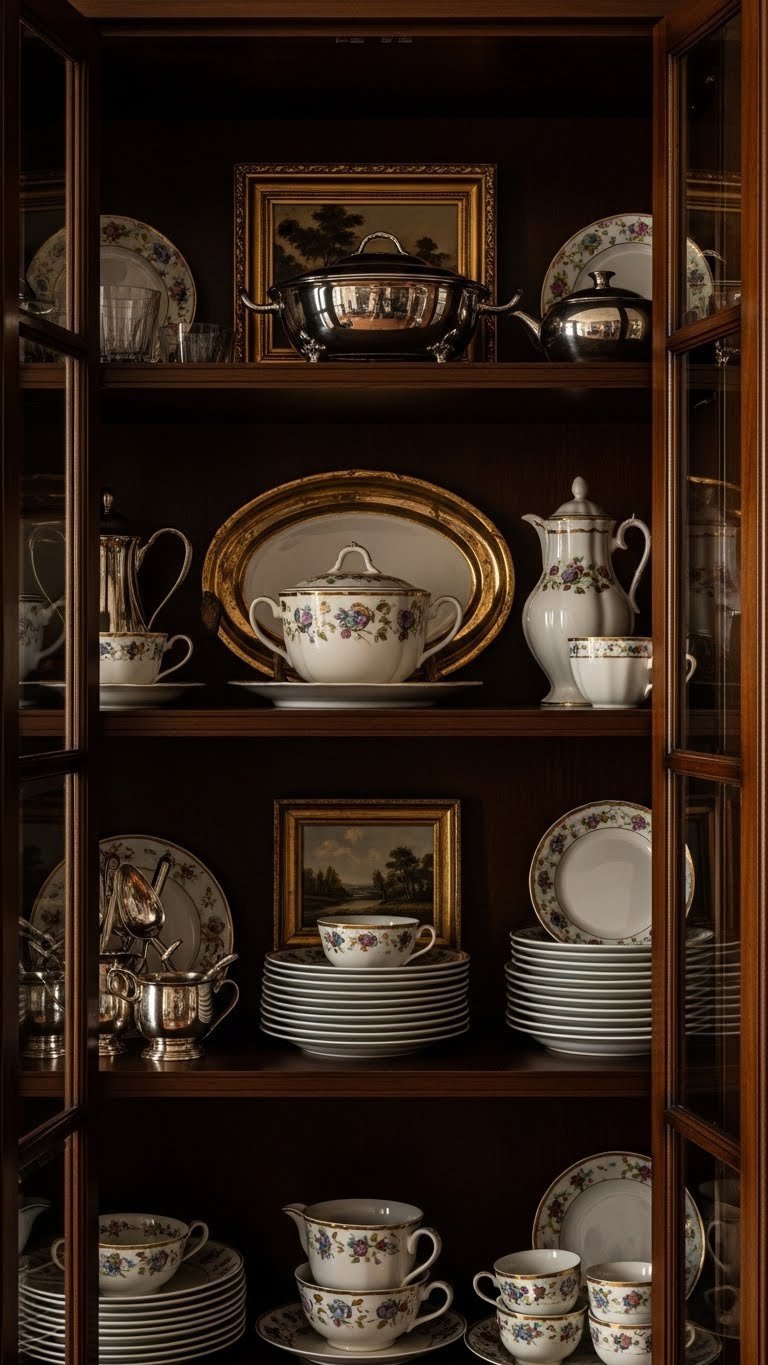 Old Money Kitchen Aesthetic Dark: 9 Luxury Design Ideas 17 Opulent dark kitchen open shelving displaying curated heirloom decor, vintage luxury items, and classic European china.