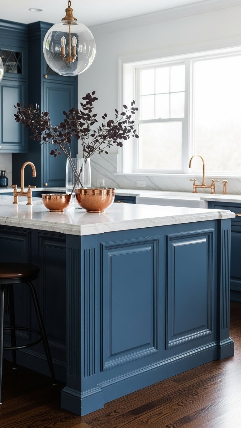 Dark Romantic Kitchen Aesthetic: 7 Design Secrets For A Cozy Home 9 Opulent sapphire blue kitchen island with custom millwork & thick white marble top. Ornate pendant, copper bowls, foliage; luxury kitchen design.