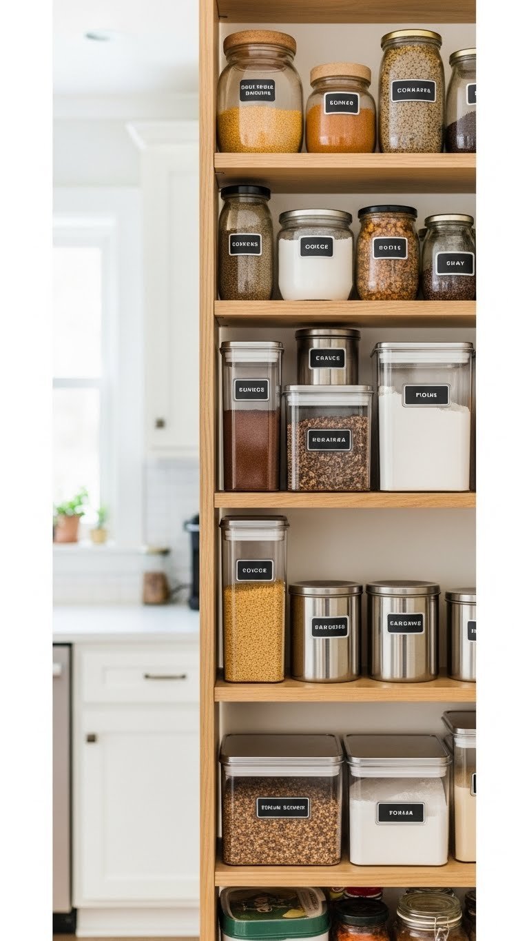 Small Indian Pantry: 7 Smart Organization &Amp; Design Ideas 1 Organized Indian kitchen pantry shelf features clear tiered bins neatly storing spices, dals, and flours for efficient home organization.