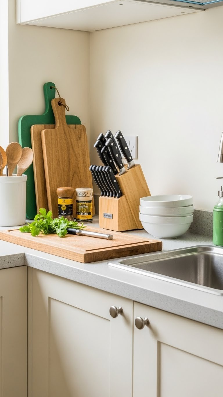 Organized Indian kitchen prep zone with integrated chopping board and knife block for efficient cooking preparation