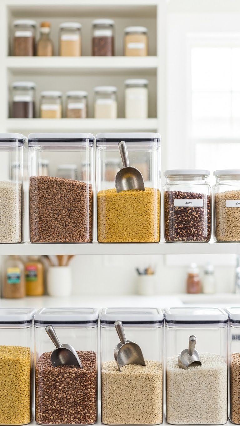 Small Indian Pantry: 7 Smart Organization &Amp; Design Ideas 7 Organized Indian pantry bulk storage with clear airtight containers holding dals, rice, and grains neatly stacked on shelves.