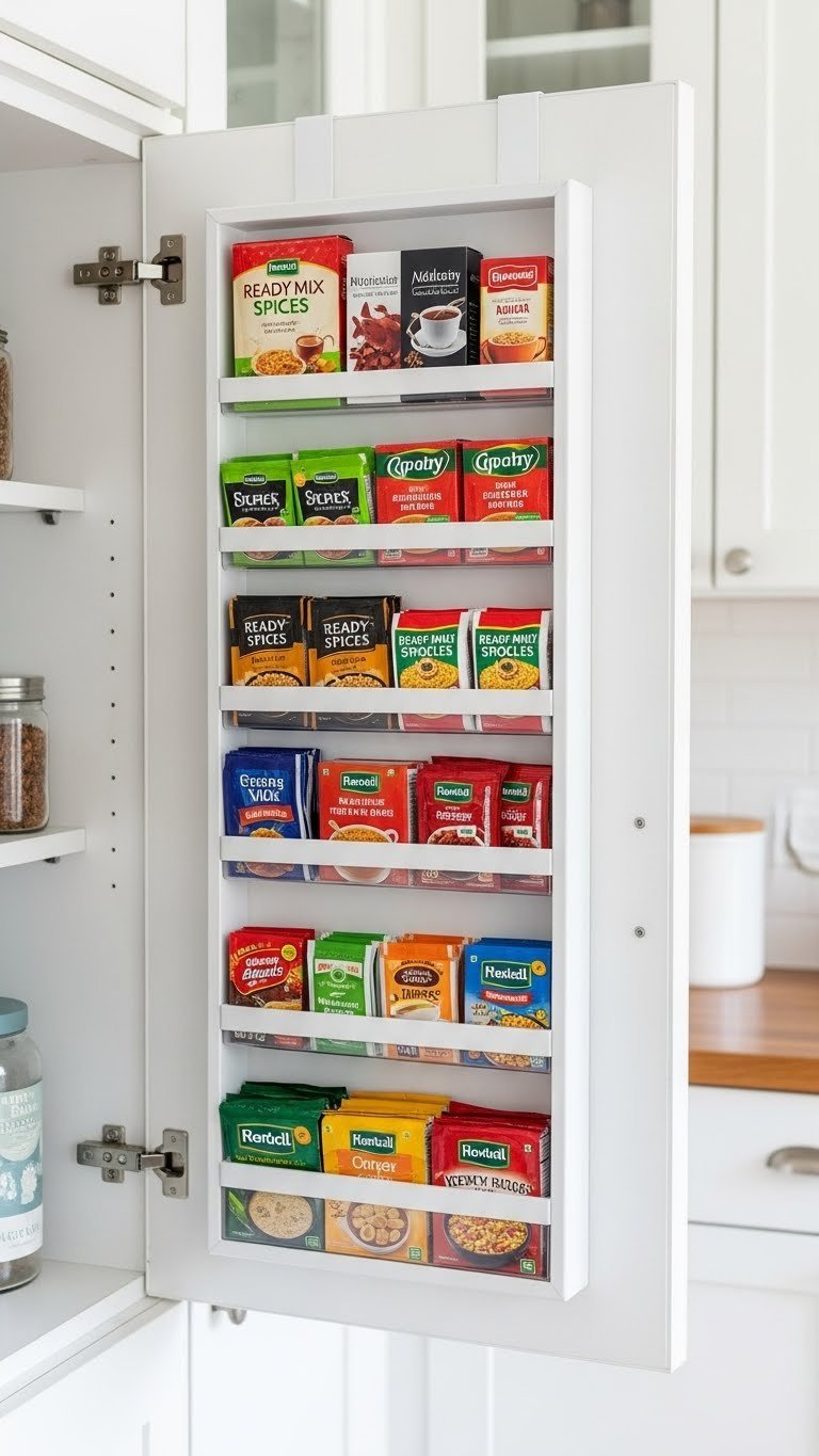 Small Indian Pantry: 7 Smart Organization &Amp; Design Ideas 9 Organized Indian pantry door with a mounted organizer holding neatly arranged spice packets, tea bags, and instant noodles.
