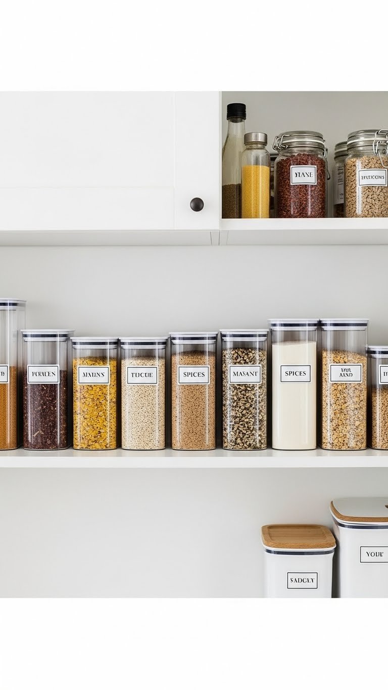 Small Indian Pantry: 7 Smart Organization &Amp; Design Ideas 11 Organized Indian pantry shelf with uniform, clear, labeled airtight containers neatly storing various grains, spices, and dals.