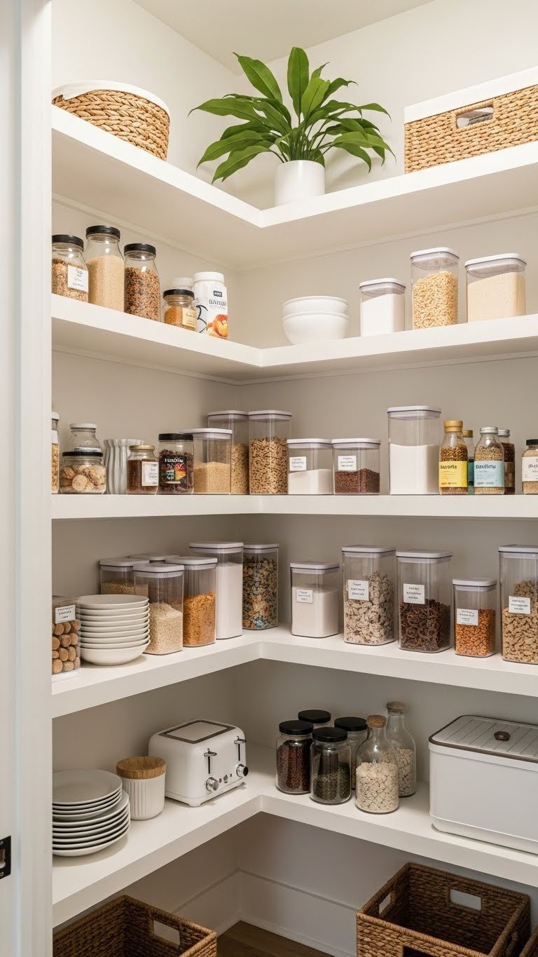 11 Corner Pantry Ideas: Maximize Kitchen Space &Amp; Style 5 Organized L-shaped pantry displays shelves wrapping a corner, filled with kitchen staples in coordinated containers.