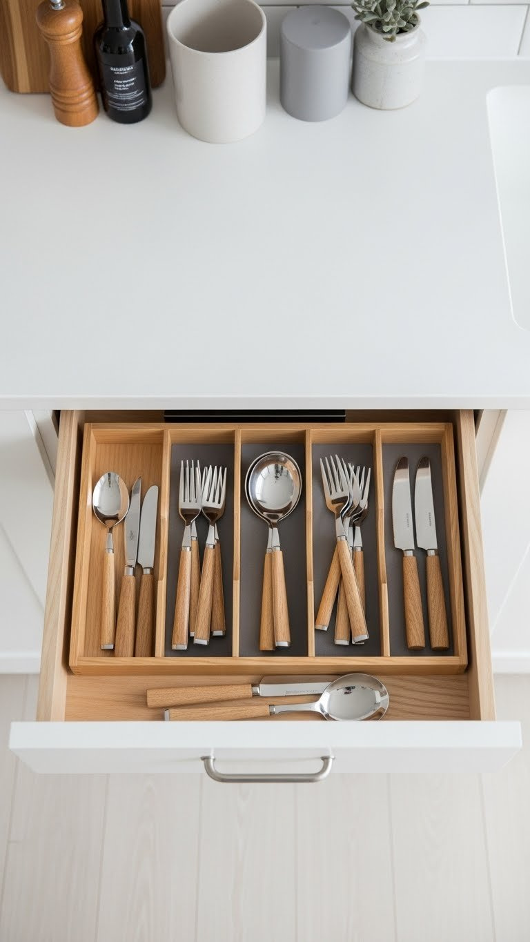 Organized Scandinavian kitchen drawer with light wood organizer compartmentalizing silver cutlery and wooden utensil collection