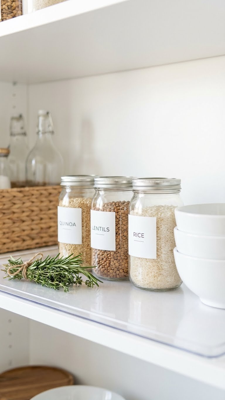 Smart Mini Pantry Ideas For Small Spaces: 9 Proven Tips 17 Organized and decluttered pantry shelf with clear labeled containers, minimal items, and visible space.