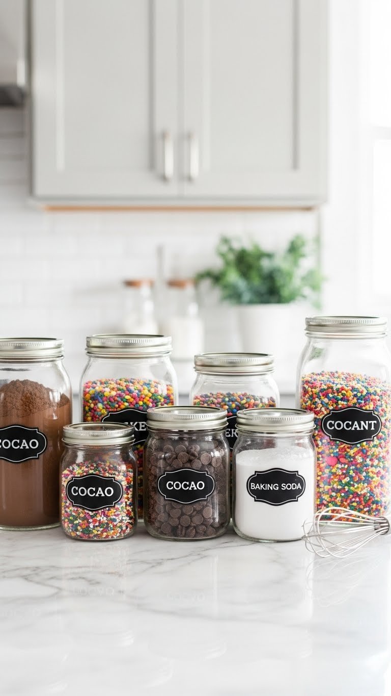 7 Essential Mason Jar Pantry Ideas: Organize Kitchen Smarter 7 Organized baker's pantry with wide mouth mason jars holding cocoa powder, chocolate chips, and colorful sprinkles on a marble countertop.