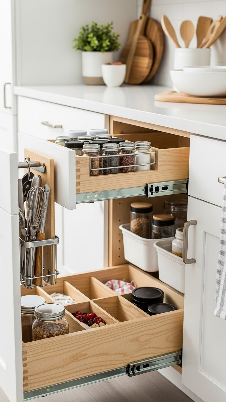 Organized basement kitchen drawers with dividers and pull-out spice racks maximizing small space storage