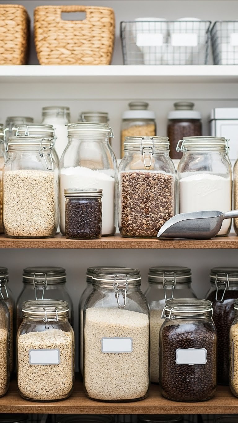 7 Essential Mason Jar Pantry Ideas: Organize Kitchen Smarter 11 Organized bulk food storage with gallon mason jars of oats, rice, flour, and coffee beans on a sturdy wooden pantry shelf.