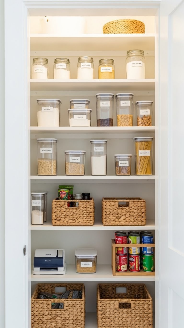 11 Pantry Closet Ideas: Transform Small Spaces, Organize Smarter 1 Organized coat closet pantry: white shelves, clear containers, woven baskets, labeled spices for efficient kitchen.