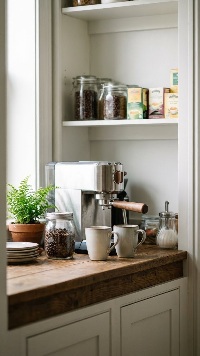 11 Ultimate Kitchen Pantry Beverage Station Ideas Design Your Dream Drink Hub 1 Organized coffee and tea bar nook in a rustic kitchen pantry with an espresso machine, elegant mugs, and coffee beans.