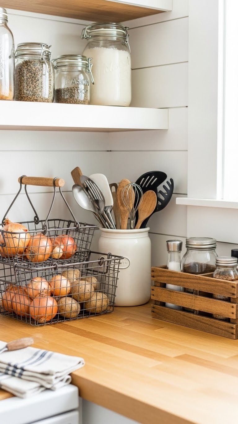 Small Kitchen Ideas Farmhouse: 7 Genius Space Solutions 7 Organized corner of tiny farmhouse kitchen with wire baskets, mason jars, and wooden crates for efficient storage