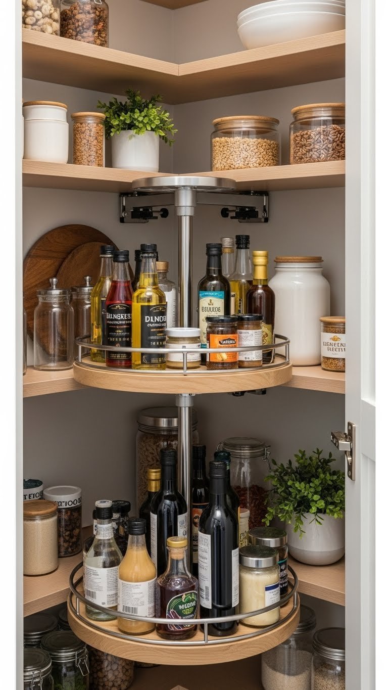 Organized corner pantry featuring two-tiered lazy susans with oils and condiments on a custom curved shelf under bright daylight.
