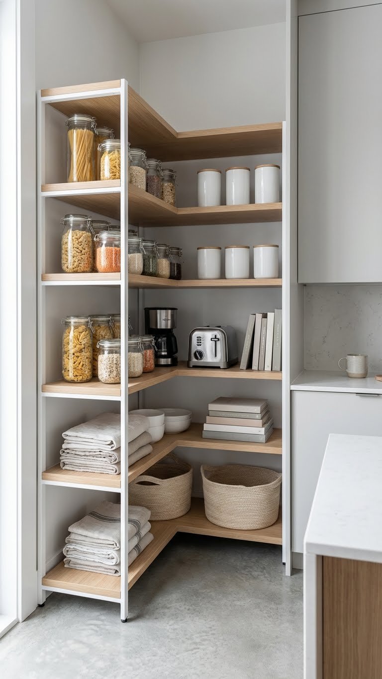 Smart Mini Pantry Ideas For Small Spaces: 9 Proven Tips 11 Organized corner pantry shelving unit in a small kitchen, holding dry goods, small appliances, and cookbooks.