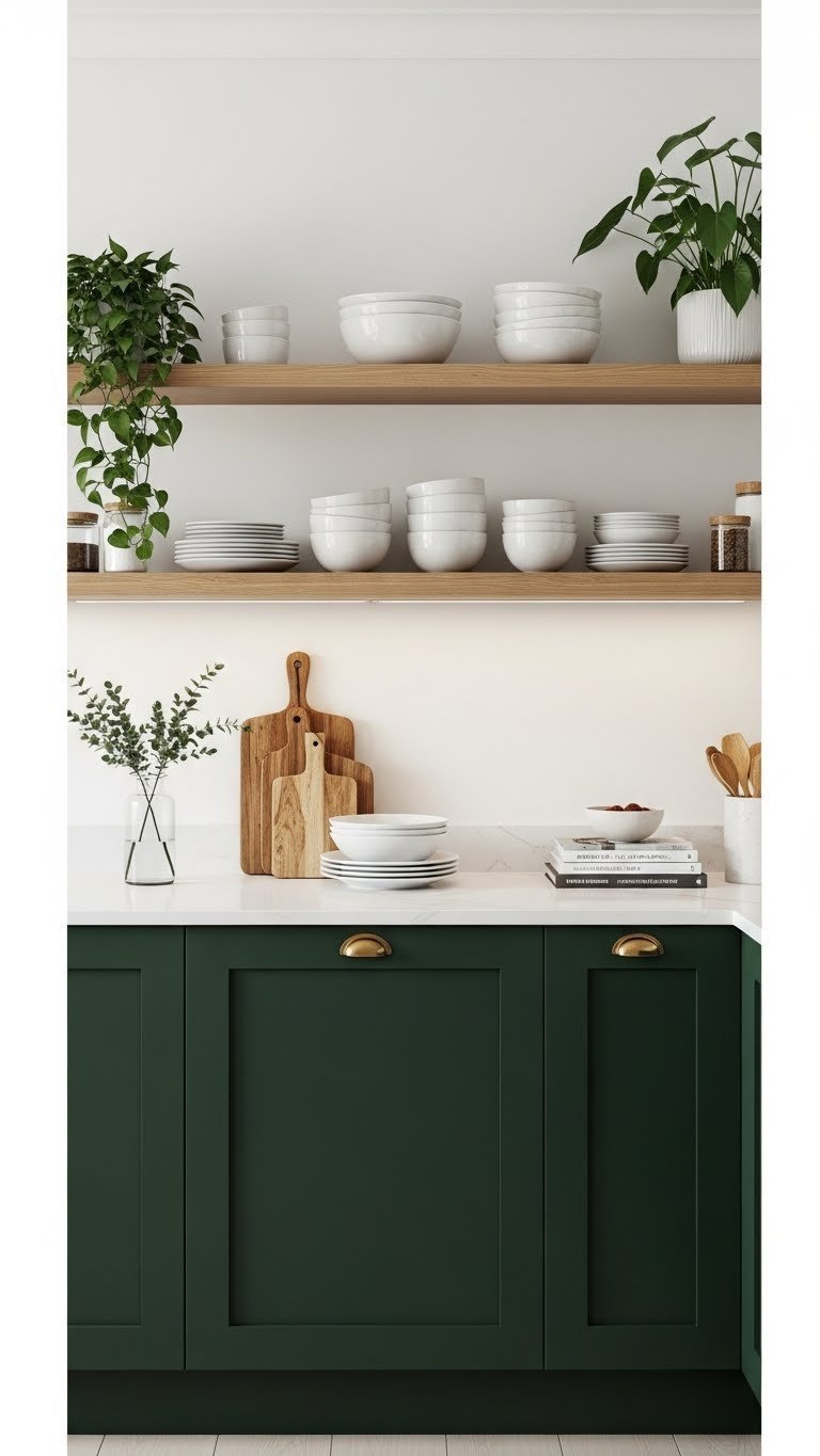 Organized dark green kitchen open shelving with white ceramic dishes and natural wood cutting boards on minimalist shelves