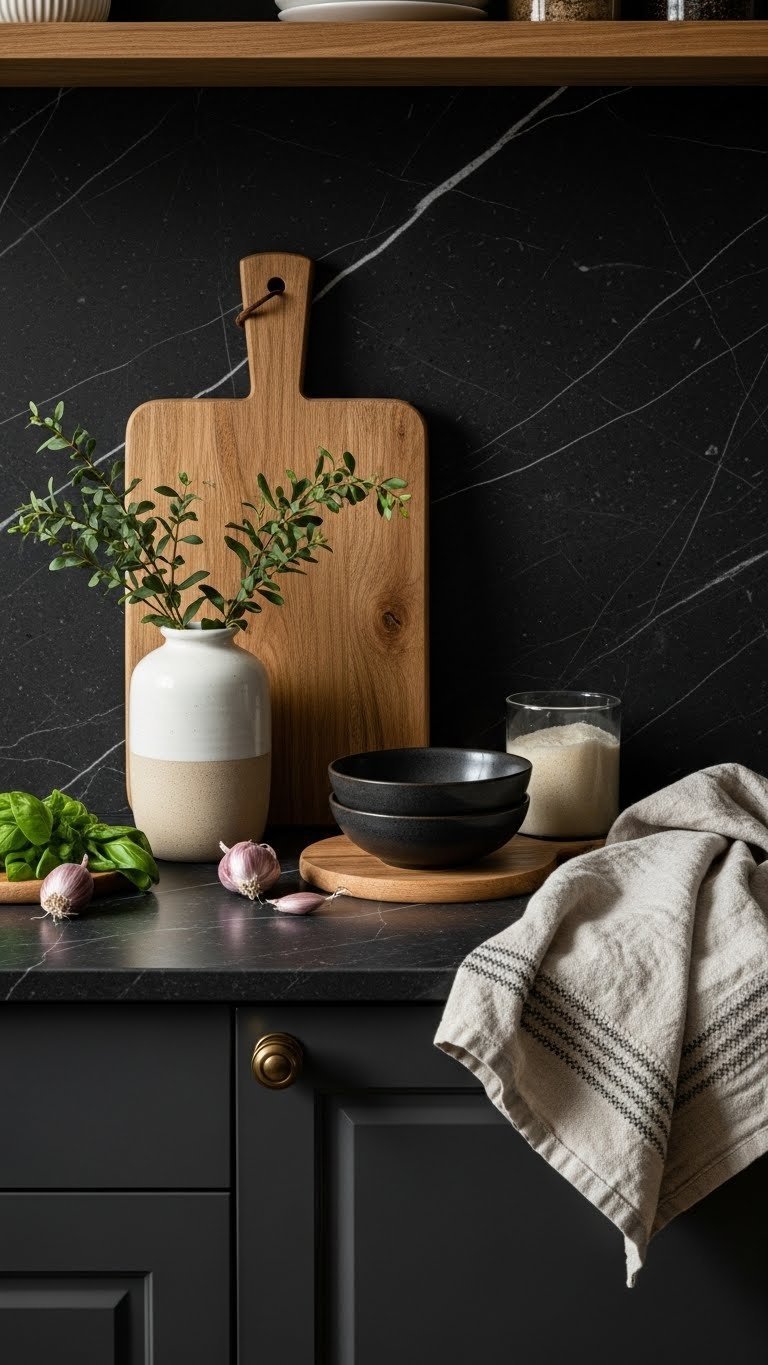 Dark Kitchen Aesthetic Secrets To Chic Home Design 17 Organized dark marble kitchen countertop with warm wooden cutting board, greenery in vase, and linen towel. Homey decor.