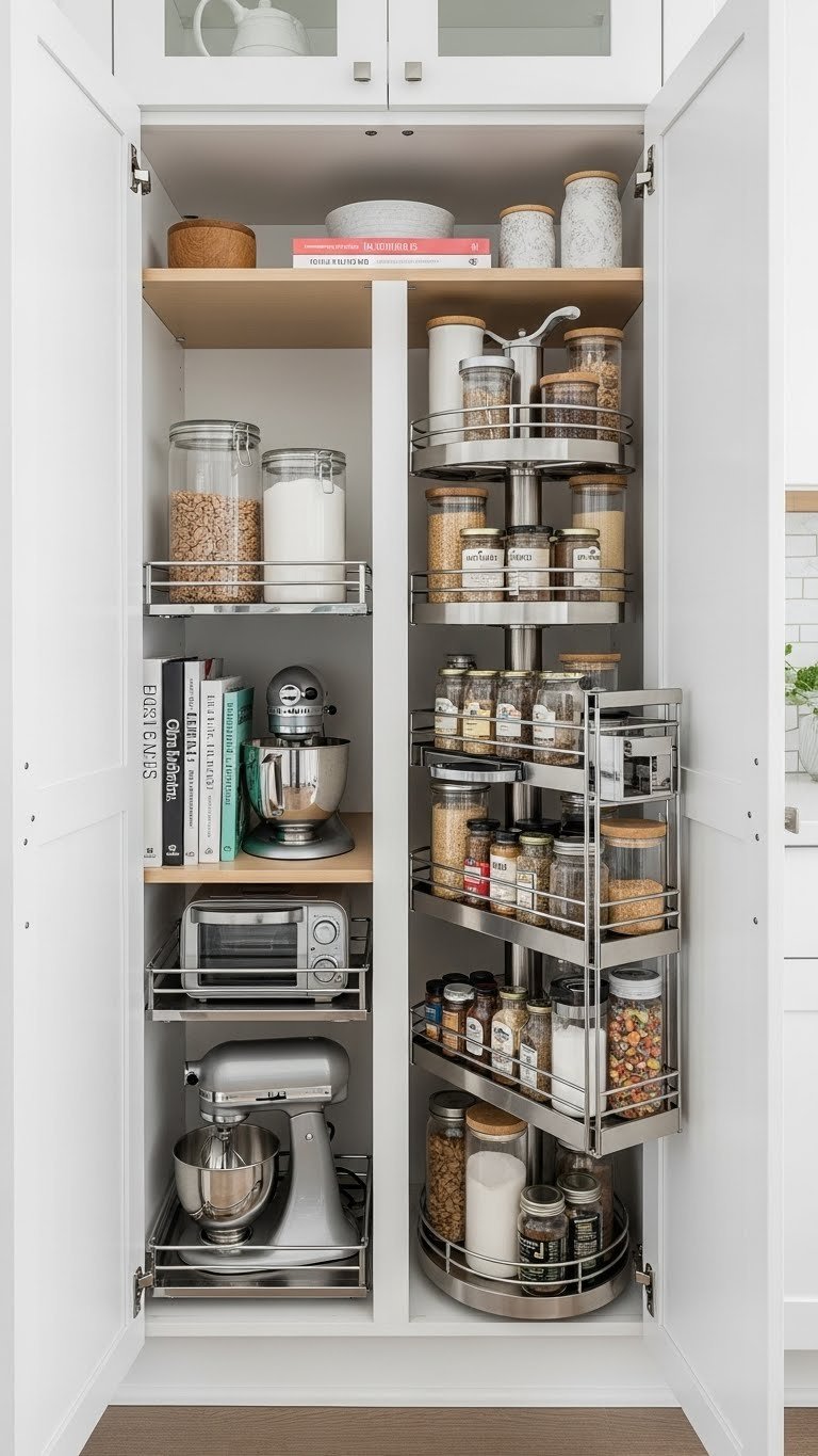 Organized deep kitchen cabinet interior with pull-out shelves and rotating spice carousel