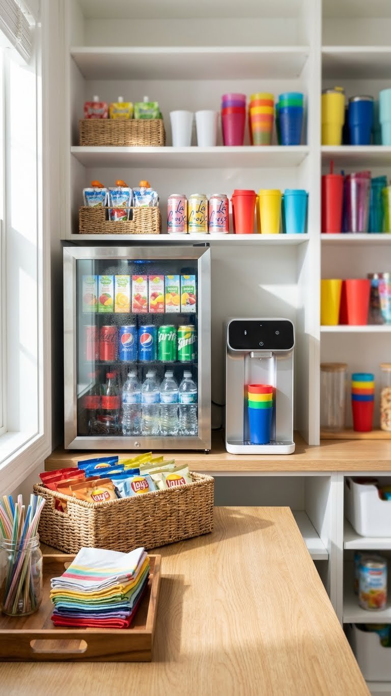 11 Ultimate Kitchen Pantry Beverage Station Ideas Design Your Dream Drink Hub 7 Organized family drink center in a bright kitchen pantry with a mini fridge, water dispenser, and colorful cups.