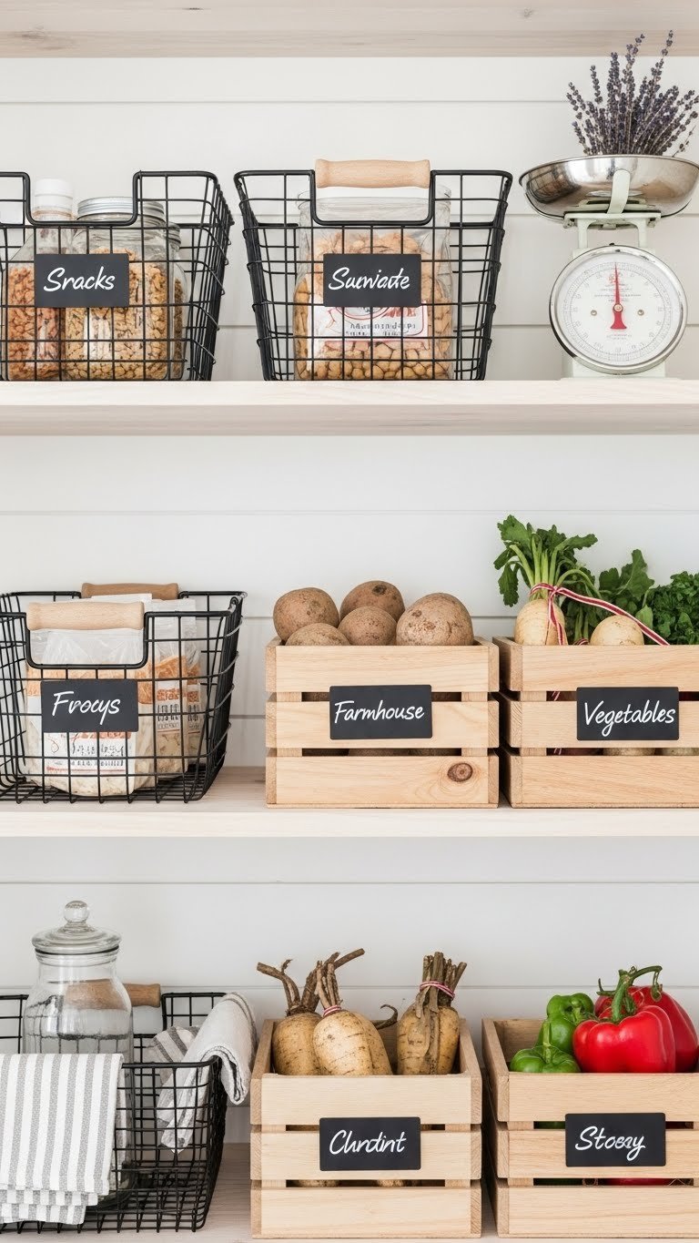 11 Farmhouse Kitchen Pantry Ideas: Design, Organize, &Amp; Style 3 Organized farmhouse pantry shelf with black wire snack baskets, rustic wooden vegetable crates, and elegant tags.