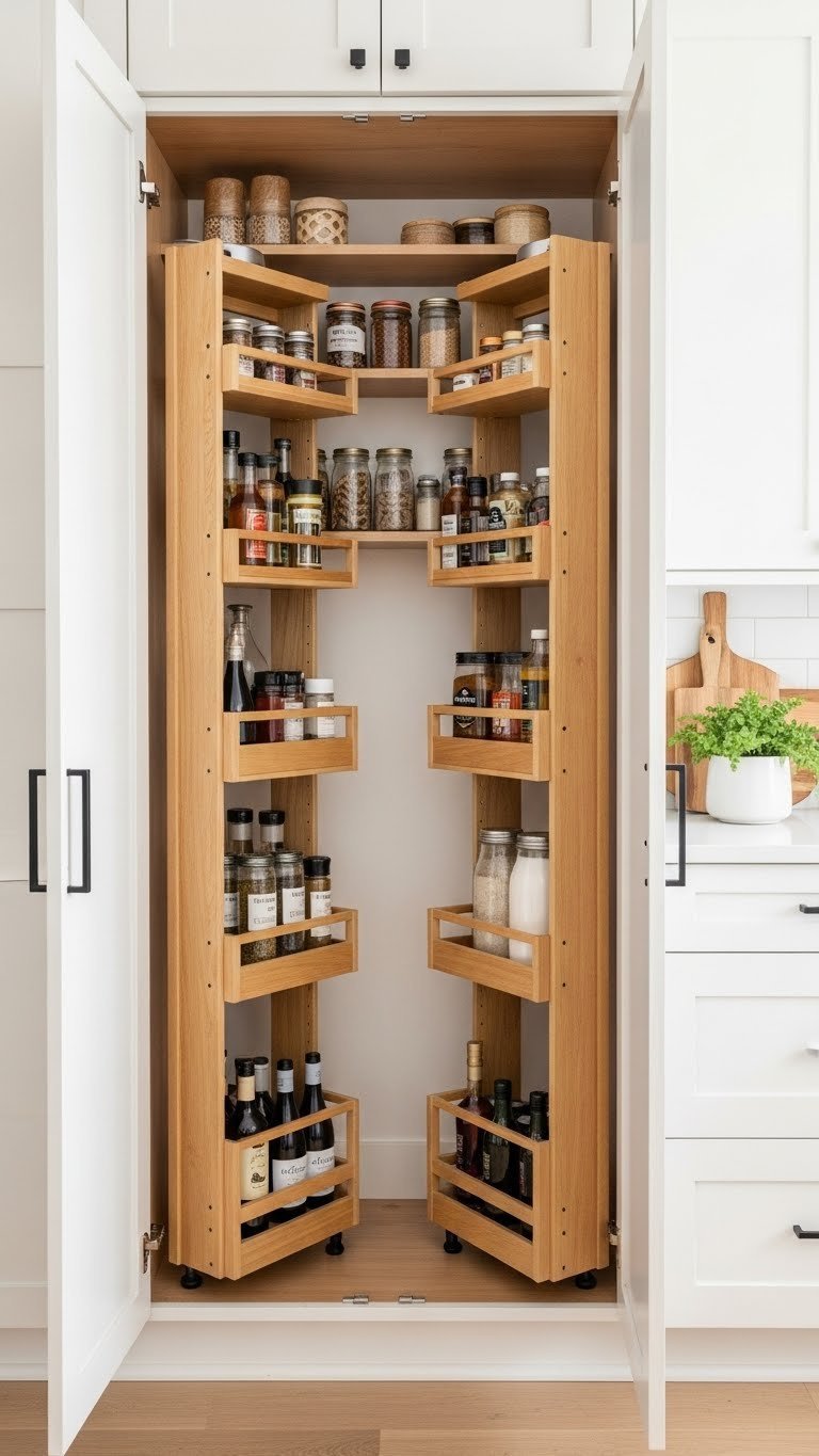 Organized floor-to-ceiling pantry cabinet with vertical storage in a small enclosed kitchen featuring warm cream and golden brown tones.