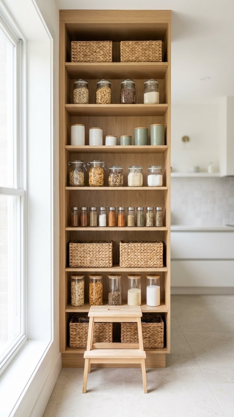 Smart Mini Pantry Ideas For Small Spaces: 9 Proven Tips 1 Organized floor-to-ceiling pantry shelving in a small kitchen, filled with clear canisters, wicker baskets, and spice jars.