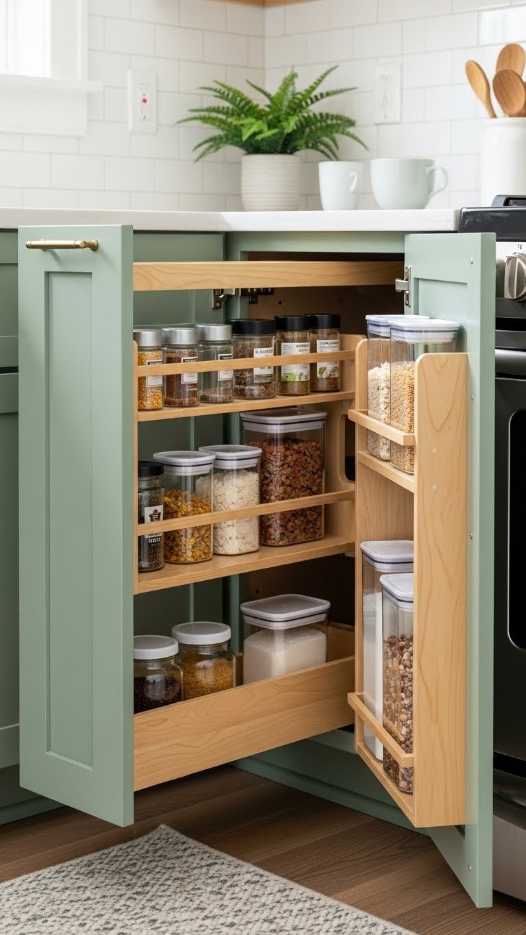 Organized green kitchen cabinet interior with pull-out spice rack and clear containers for efficient storage