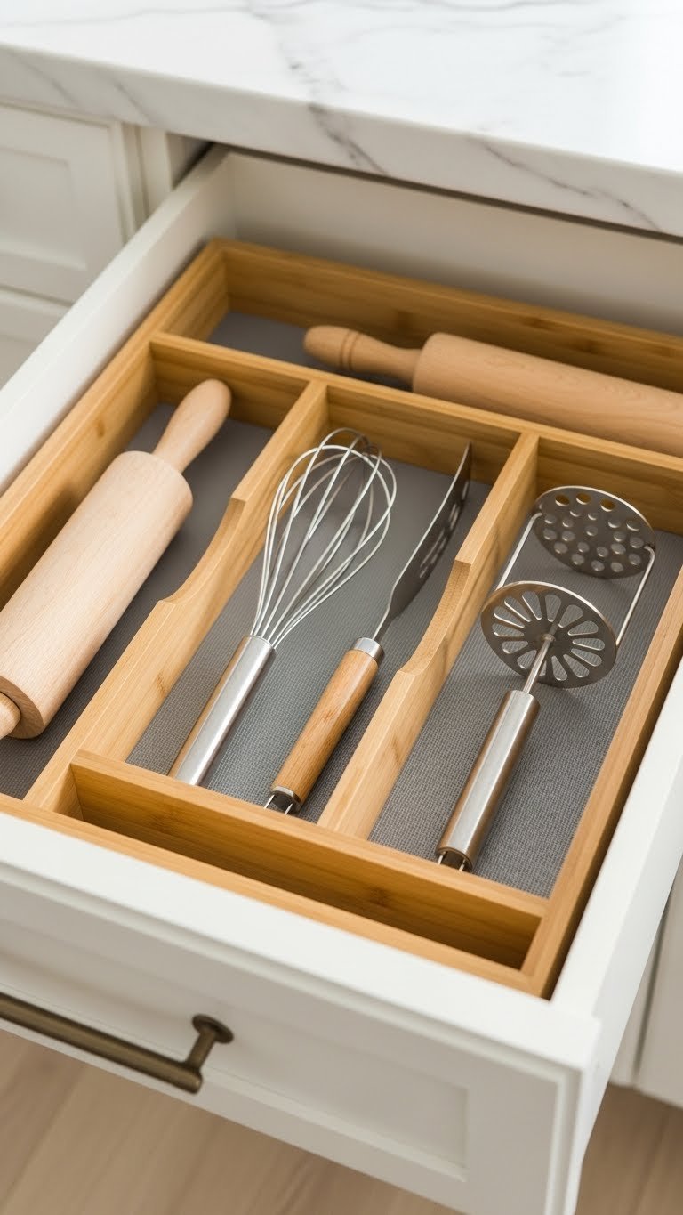 Organized kitchen drawer with bamboo dividers holding bulky tools like wooden rolling pin and large whisk against marble countertop background