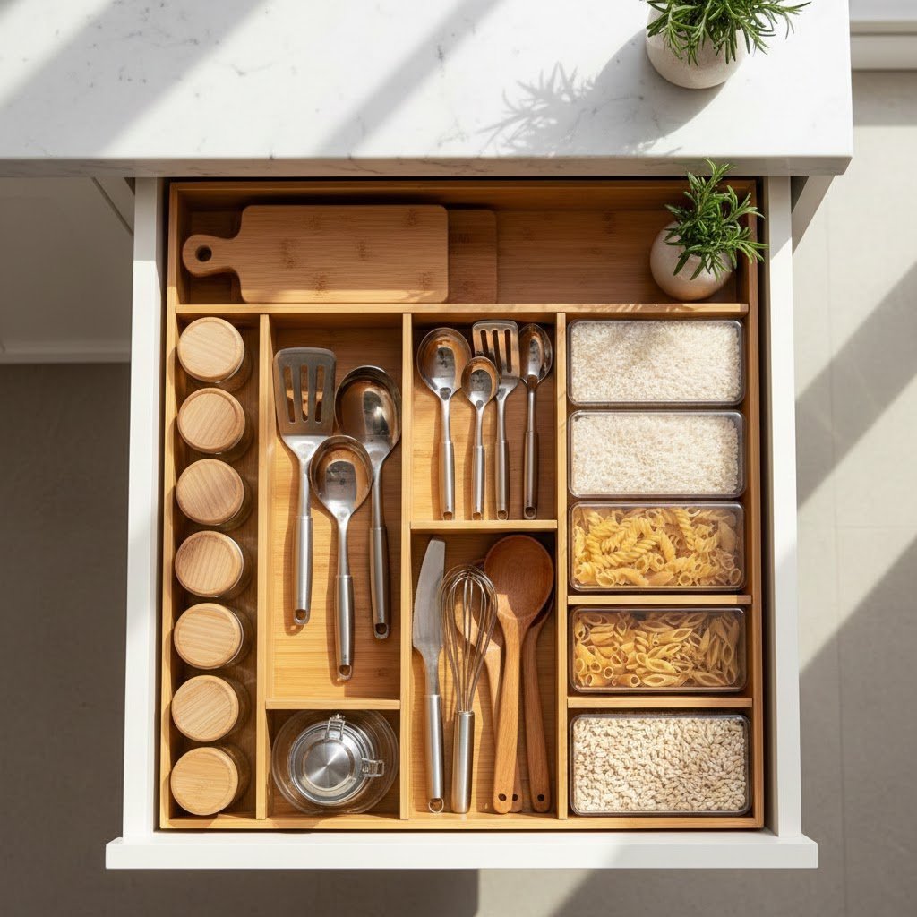 Organized kitchen drawer with bamboo dividers separating cooking utensils and clear pantry containers