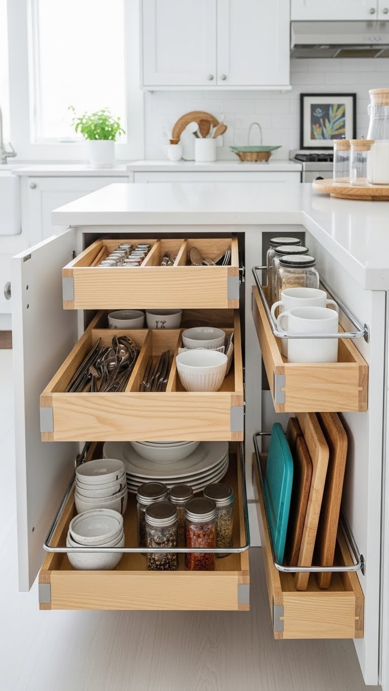 Organized kitchen drawer with utensil dividers and pull-out shelves in a clutter-free 1960s kitchen interior.