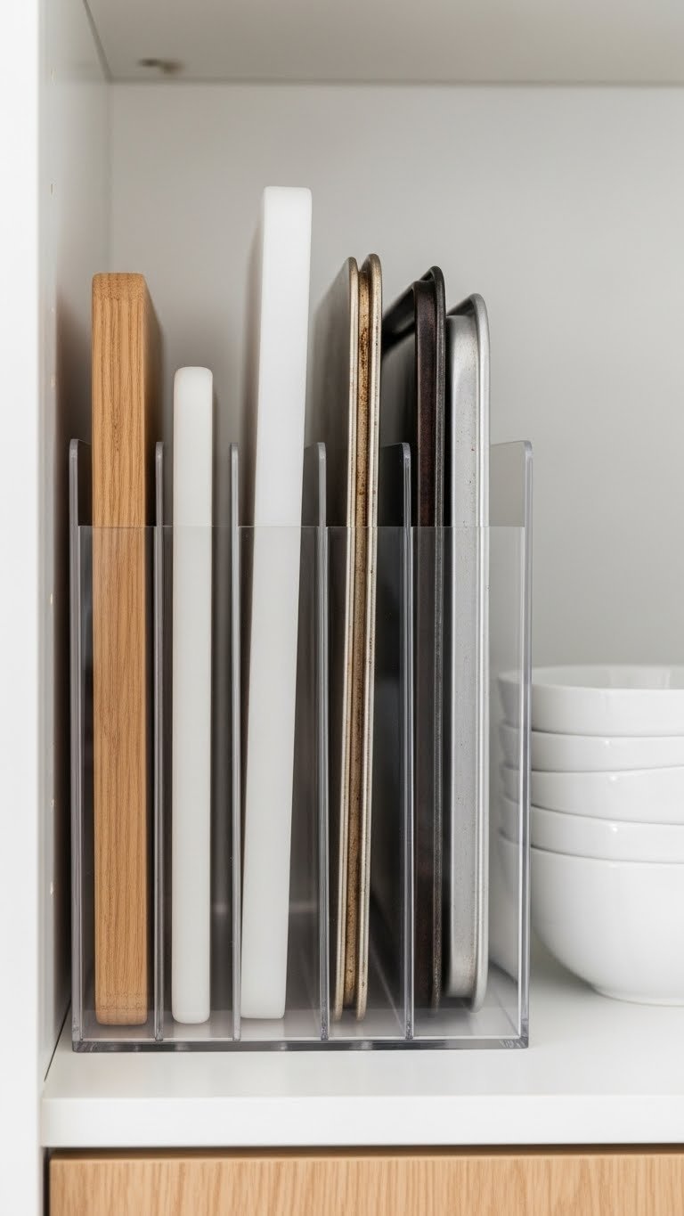 7 Essential Kitchen Pantry Design Ideas For Maximum Storage 1 Organized kitchen pantry shelf with clear vertical dividers holding neatly stacked cutting boards and baking sheets for efficient storage.