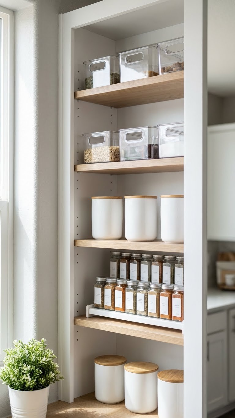 Exposed Kitchen Pantry: 7 Genius Ideas For Organized Style 3 Organized kitchen pantry with clear acrylic bins, white ceramic containers, uniform spice jars, and bamboo lids.